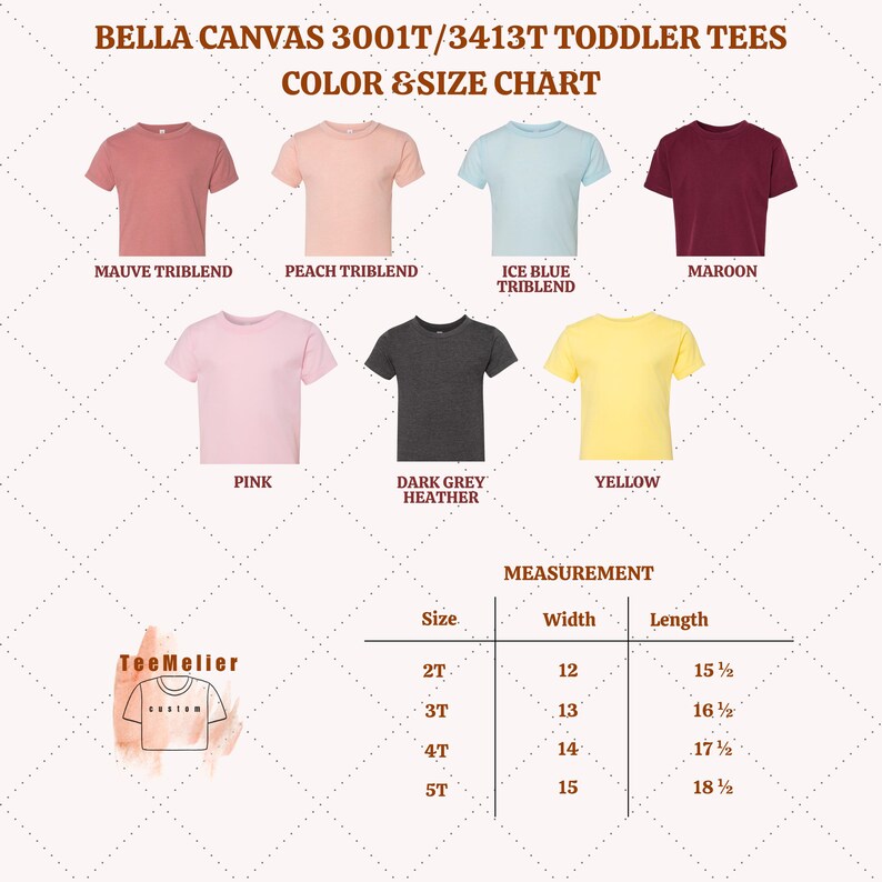 K&ouml;nnte beinhalten: Farb- und Gr&ouml;&szlig;entabelle f&uuml;r Bella Canvas 3001T/3413T Kleinkind-T-Shirts. Die Tabelle zeigt T-Shirts in Mauve, Pfirsich, Eisblau, Bordeaux, Pink, Dunkelgrau Heather und Gelb. Ma&szlig;e f&uuml;r Gr&ouml;&szlig;en 2T bis 5T, Breiten von 30.5 bis 38 cm und L&auml;ngen von 39.4 bis 47 cm.