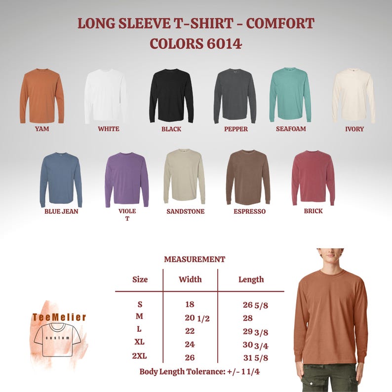 May include: A selection of long-sleeve comfort t-shirts in various colors, including Yam, White, Black, Pepper, Seafoam, and Ivory. The image also displays a size chart with measurements in inches and a model wearing a Yam-colored shirt.
