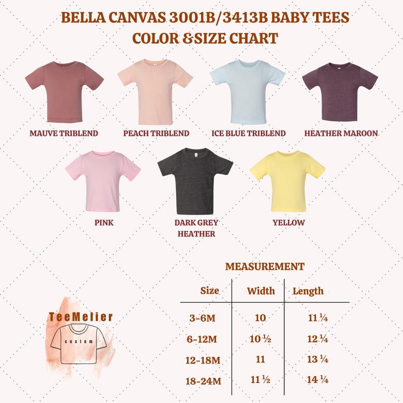 K&ouml;nnte beinhalten: Farb- und Gr&ouml;&szlig;entabelle f&uuml;r Baby-T-Shirts von Bella Canvas 3001B/3413B. Die Tabelle zeigt verschiedene T-Shirt-Farben: Mauve, Pfirsich, Eisblau, Heather-Maroon, Pink, Dunkelgrau und Gelb. Ma&szlig;tabelle mit cm-Angaben.