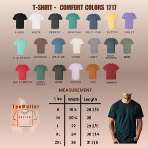 Puede incluir: Una exhibici&oacute;n de camisetas Comfort Colors 1717 en varios colores, incluyendo negro, blanco y violeta. La imagen incluye una tabla de tallas con medidas en cm, que van desde la S hasta la 2XL. El logotipo de TeeMelier tambi&eacute;n es visible.