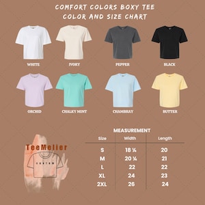 Puede incluir: Una tabla de colores y tallas para camisetas boxy Comfort Colors. La tabla muestra camisetas en varios colores, incluyendo blanco, marfil, pimienta, negro, orqu&iacute;dea, menta tiza, chambray y mantequilla. Las medidas se dan en cent&iacute;metros.