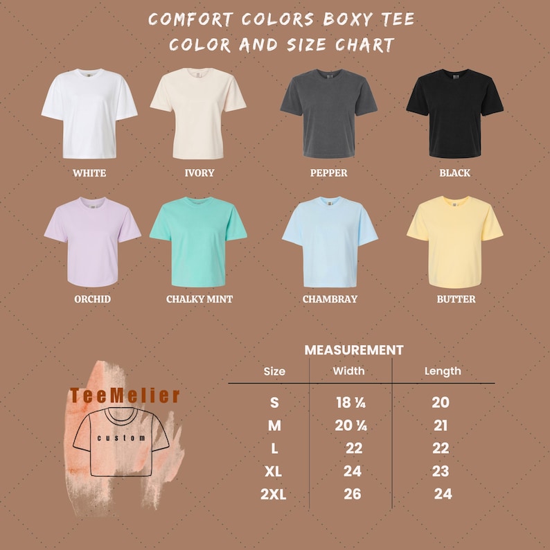 Puede incluir: Una tabla de colores y tallas para camisetas boxy Comfort Colors. La tabla muestra camisetas en varios colores, incluyendo blanco, marfil, pimienta, negro, orqu&iacute;dea, menta tiza, chambray y mantequilla. Las medidas se dan en cent&iacute;metros.