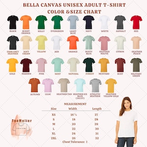 K&ouml;nnte beinhalten: Eine Farb- und Gr&ouml;&szlig;entabelle f&uuml;r Bella Canvas Unisex-Erwachsenen-T-Shirts. Die Tabelle zeigt verschiedene T-Shirt-Farben, darunter Schwarz, Orange, Gr&uuml;n, Blau und Rot. Ma&szlig;e sind in cm f&uuml;r die Gr&ouml;&szlig;en XS bis 2XL angegeben, mit Informationen zur Brusttoleranz.