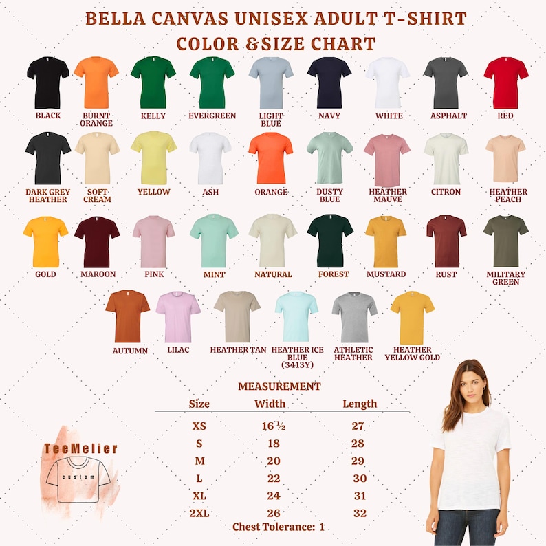 K&ouml;nnte beinhalten: Eine Farb- und Gr&ouml;&szlig;entabelle f&uuml;r Bella Canvas Unisex-Erwachsenen-T-Shirts. Die Tabelle zeigt verschiedene T-Shirt-Farben, darunter Schwarz, Orange, Gr&uuml;n, Blau und Rot. Ma&szlig;e sind in cm f&uuml;r die Gr&ouml;&szlig;en XS bis 2XL angegeben, mit Informationen zur Brusttoleranz.