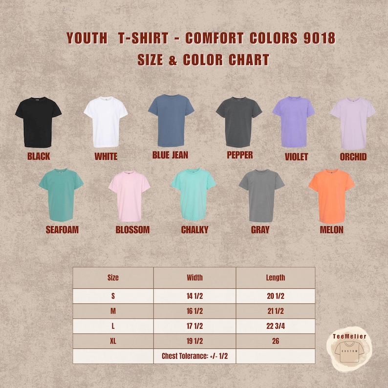 May include: A youth t-shirt size and color chart for Comfort Colors 9018, displaying twelve t-shirt colors including black, white, blue jean, pepper, violet, orchid, seafoam, blossom, chalky, gray, and melon, with a size chart in inches.