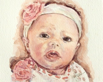 Custom Infant Portrait from your photo, Original Watercolor Painting, Matted