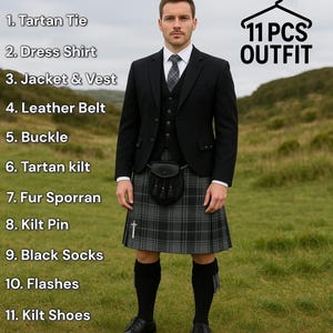 May include: A man models a traditional Scottish outfit. The ensemble includes a tartan tie, dress shirt, jacket, vest, leather belt, buckle, tartan kilt, fur sporran, kilt pin, black socks, flashes, and kilt shoes. The outfit is described as an 11-piece set.