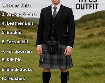 Completo da uomo in kilt, 11 pezzi, completo da matrimonio in kilt, giacca argyle in lana nera da uomo, set con gilet, disponibile in oltre 50 tartan