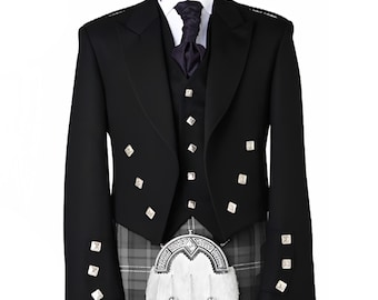 Men's Scottish Black Prince Charlie Jacket with 5 Button Waistcoat Wedding kilt Prince Jacket  - Chest Size 34" - 54"