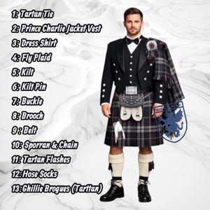 Peut inclure: Une tenue écossaise formelle comprenant une veste et un gilet Prince Charlie noirs, une chemise blanche, un nœud papillon noir et un kilt à motif tartan gris. Les accessoires incluent un sporran, une épingle de kilt, une ceinture et des brogues.