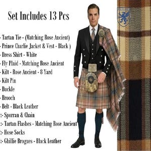 May include: A 13-piece Scottish outfit set including a black Prince Charlie jacket and waistcoat, white dress shirt, Rose Ancient tartan kilt, fly plaid, tie, sporran, chain, belt, kilt pin, buckle, brooch, tartan flashes, hose socks, and black leather ghillie brogues.
