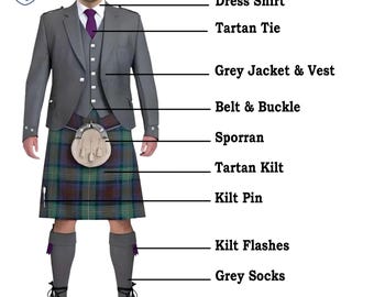 Completo da uomo con giacca a rombi grigia, kilt scozzese da matrimonio, 10 pezzi, disponibile in oltre 50 tartan