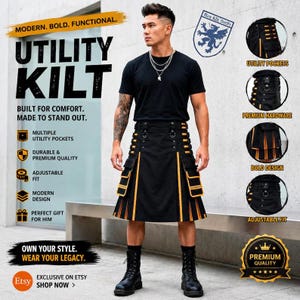 Peut inclure: Un kilt utilitaire noir avec des accents orange, de multiples poches cargo et des accessoires métalliques. Le vêtement présente des plis verticaux et des sangles réglables. Le texte sur l'image indique : MODERN. BOLD. FUNCTIONAL. UTILITY KILT. BUILT FOR COMFORT. MADE TO STAND OUT. OWN YOUR STYLE. WEAR YOUR LEGACY.