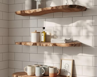 Modernes natürliches Regal-Handgefertigtes Holz-Regale-Live Edge Floating Shelf-Modernes an der Wand befestigtes Lagerregal-Minimalistische Holzwand-Schwimmende Regale