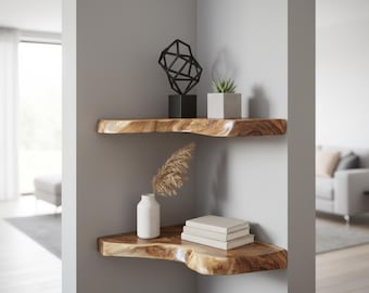 Levende rand walnoot zwevende plank-handgemaakte zwevende plankenset, rustiek muurdecor, moderne houten hoekplanken-hoek boekenplank