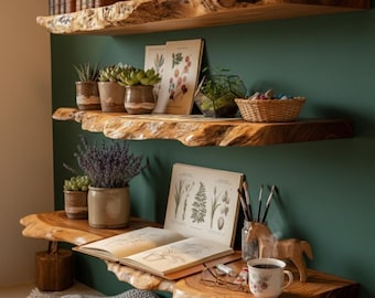 Handgefertigte Holzregale-Modernes natürliches Regal-Live Edge Floating Shelf-Modernes an der Wand befestigtes Lagerregal-Minimalistische Holzwand-Schwimmende Regale