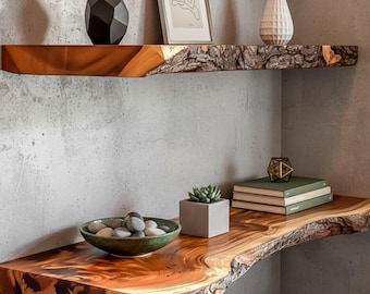 Schwimmendes Live Edge Eichenregal-Handgefertigte Holzregale -Modernes an der Wand befestigtes Aufbewahrungsregal-Minimalistisches Holzwandregal