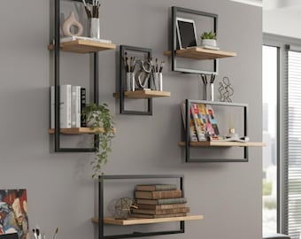 Floating Live Edge Oak Shelf-Handmade Wood Shelves -Modern Metal Frame Decorative Shelf Set-Handmade Wooden Wall Shelf-Decorative Shelf
