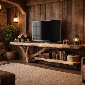 May include: A cosy living room with a wooden TV unit. The room includes a flat-screen TV, a decorative lamp, a bear figurine, and a basket. The walls are wooden, and the room is illuminated by warm lighting.