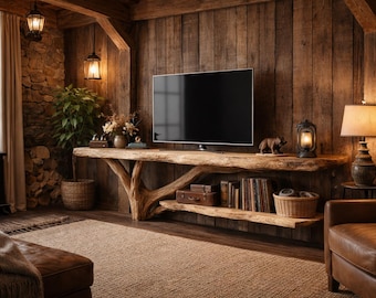 Live Edge Wood TV-Ständer, Rustikaler Live Edge Wood TV-Ständer, handgefertigte Medienkonsole aus Massivholz, natürliches Baumwurzelregal-Einzigartiges Naturholz