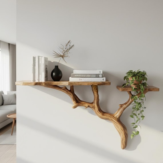 An actual tree branch, turned into a floating wall shelf — raw, sculptural, and completely one-of-a-kind; 170 favorites don't lie.