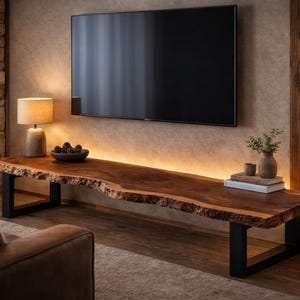Puede incluir: Un mueble de TV de madera con borde natural y patas de metal negro. Un televisor de pantalla plana grande está montado encima. Una lámpara, un cuenco con piñas y otros objetos decorativos están sobre el mueble. Ambiente rústico y natural.