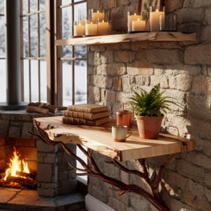 Pode incluir: Uma consola de madeira rústica com um design de borda viva, suportada por pernas em forma de galho de cor bronze. A mesa contém livros, uma samambaia em vaso e um regador de cobre. Uma lareira de pedra com fogo ardente está ao fundo, junto com uma janela e velas.