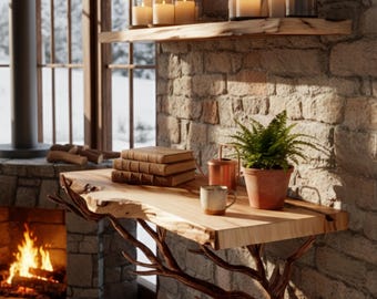 Estantes de madera hechos a mano - Estante de madera con borde natural hecho a mano - Decoración de pared rústica y natural - Estante flotante con borde natural y diseño de rama - Base de rama de árbol