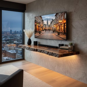 May include: A contemporary living space with a large flat-screen TV mounted on a textured grey wall. Below the TV is a live-edge wooden shelf with a soundbar, speakers, and decorative items. A large window offers a city view.