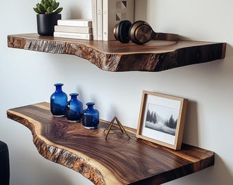Modernes natürliches Regal-Handgefertigtes Holz-Regale-Live Edge Floating Shelf-Modernes an der Wand befestigtes Lagerregal-Minimalistische Holzwand-Schwimmende Regale