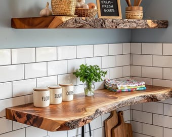 Handgefertigte Holzregale -Schwimmen Live Edge Eiche Regal-Moderne Wand Montiert Lagerregal-Minimalistisches Holz Wand-Schwimmendes Regal