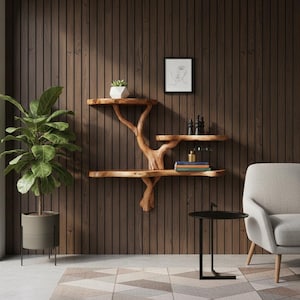 Könnte beinhalten: Ein dreistufiges Holzregal mit baumartigem Design ist an einer dunkelbraunen Holzwand befestigt. Ein Blumentopf und ein gerahmtes Kunstwerk sind ebenfalls zu sehen. Eine große grüne Pflanze in einem grauen Topf befindet sich links vom Regal.