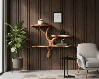 Pode incluir: Uma prateleira de madeira de três níveis com um design semelhante a uma árvore é montada em uma parede de madeira marrom escura. Uma planta em vaso e uma obra de arte emoldurada também são visíveis. Uma grande planta verde em um vaso cinza está à esquerda da prateleira.