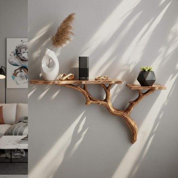 A shelf made from a real tree branch — raw, organic, and each one is genuinely unrepeatable since no two branches are alike.
