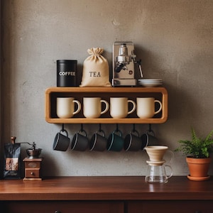 Pine Coffee Bar Shelf With Cup Hooks-wooden Coffee Bar Shelf-coffee Mug ...