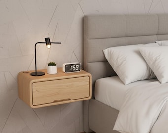 Modern Floating Wooden Nightstand with Drawer, Wall Mounted Bedside Shelf, Minimal Oak Bedside Table-Minimal Floating Nightstand