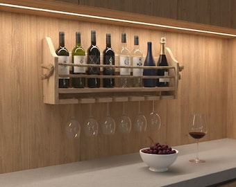 Rustykalny drewniany stojak na wino z uchwytem na kieliszki – półka na alkohol montowana na ścianie – ręcznie robiona półka barowa z detalami z liny – szklanka do baru montowana na ścianie
