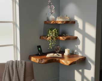 Wooden Live Edge Corner Shelves -Handmade Live Edge Corner Shelf- Rustic Wooden Wall Decor-Live Edge Wood Floating Shelves-Solid Wood Ructic