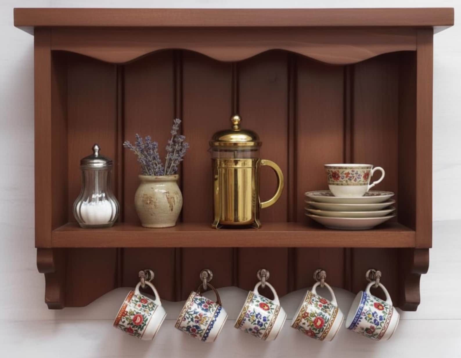 Hand-crafted Solid Wood Coffee Bar Shelf With Mug Hooks – Rustic Wall ...