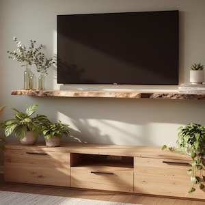 May include: A contemporary living room with a large black television above a wooden cabinet. A live-edge wooden shelf displays plants and books. Potted plants and vases add a natural feel. The room has a neutral colour palette, with a light green wall.
