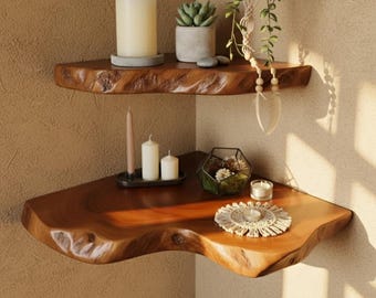 Wooden Live Edge Corner Shelves -Handmade Live Edge Corner Shelf- Rustic Wooden Wall Decor-Live Edge Wood Floating Shelves-Solid Wood Ructic