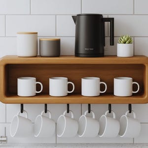 Può includere: Una mensola in legno con un vano integrato, contenente tazze bianche, contenitori, un bollitore elettrico nero e una piccola pianta succulenta in vaso. Sei tazze bianche sono appese sotto. La mensola è montata su una parete piastrellata bianca.