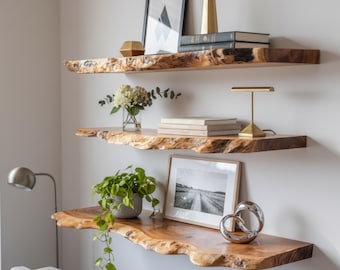 Schwebende Regale-Handgefertigte Holzregale-Modernes Natürliches Regal-Live Edge Schwimmendes Regal-Modernes an der Wand befestigtes Lagerregal-Minimalistische Holzwand