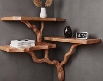 Handmade Floating Corner Shelf – Rustic Branch Design, Live Edge Wood