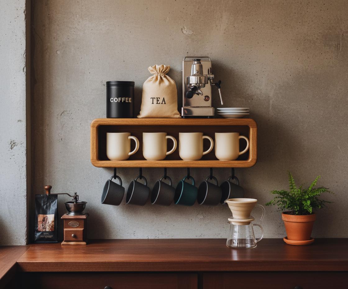 Pine Coffee Bar Shelf With Cup Hooks-wooden Coffee Bar Shelf-coffee Mug ...