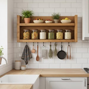 Peut inclure: Étagère de cuisine en bois avec des bocaux en verre remplis de pâtes, de céréales et de haricots. L'étagère contient également de petites plantes en pot et des bols de fruits. En dessous, divers ustensiles de cuisine sont suspendus à des crochets.