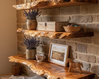 Handgefertigte Holzregale-Modernes natürliches Regal-Live Edge Floating Shelf-Modernes an der Wand befestigtes Lagerregal-Minimalistische Holzwand-Schwimmende Regale