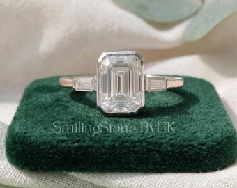 Bezel Set Emerald Cut Ring, Moissanite Three Stone Anniversary Ring, Baguette Side Stones Solid 10k Gold Minimalist Bridal Jewelry