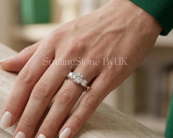 3 Stone Past Present Future Ring, Lab Diamond 925 Silver Wedding Jewelry, Moissanite Bridal Set, Conflict Free Ethical Engagement Ring