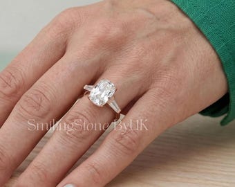 Crushed Ice Cushion Cut Wedding Ring, 10k Solid Gold Tapered Baguette Bridal Set, Affordable Ethical Lab Diamond Promise Ring